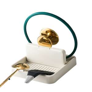 Cremefarbener zusammenklappbarer Deckelhalter für die Küchentheke, mit Löffel und Spatel, 18.9x16.2x2.6 cm - Küchenaccessories