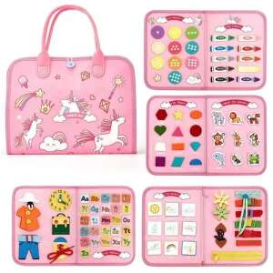 Pink unicorn themed busy book for toddlers, featuring activities like buttoning, zipping, lacing, and alphabet learning - Flippy