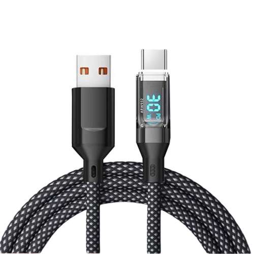 C típusú + USB adatkábel, KeepHome, szupergyors töltés, 120 W, LED digitális kijelző, 1 m, fekete