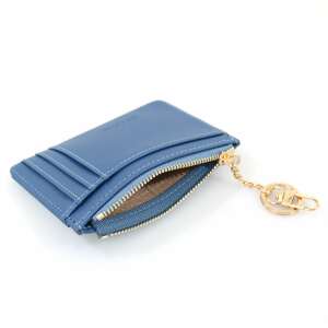 Ella Icon blue card holder with zipper and keychain, open view showing interior - Dressing Accessory