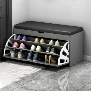 Grey shoe storage bench with cushioned seat, 3 shelves, and a storage compartment, perfect for organizing your shoes and keeping your entryway tidy - Furniture