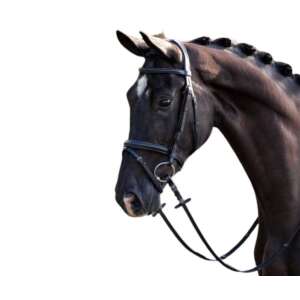 HB Rimini kantár orrszalaggal, fekete bőr, rozsdamentes acél csatok, csúszásmentes gyeplő - Kantár