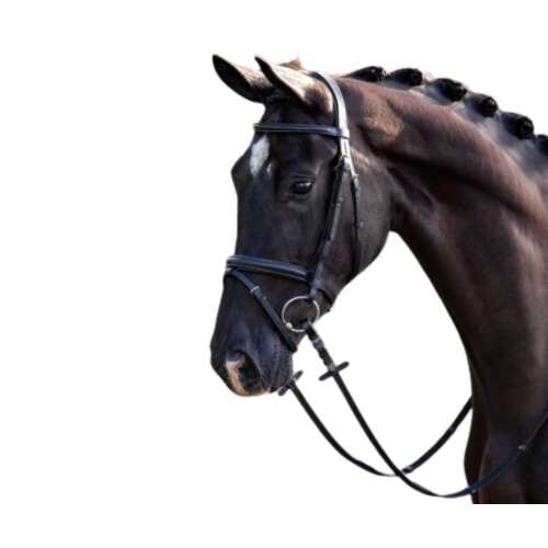 HB Rimini kantár orrszalaggal, fekete bőr, rozsdamentes acél csatok, csúszásmentes gyeplő