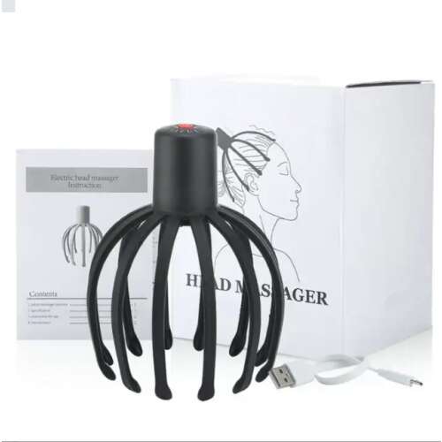 Electric head massager, black, with USB charging cable, in packaging