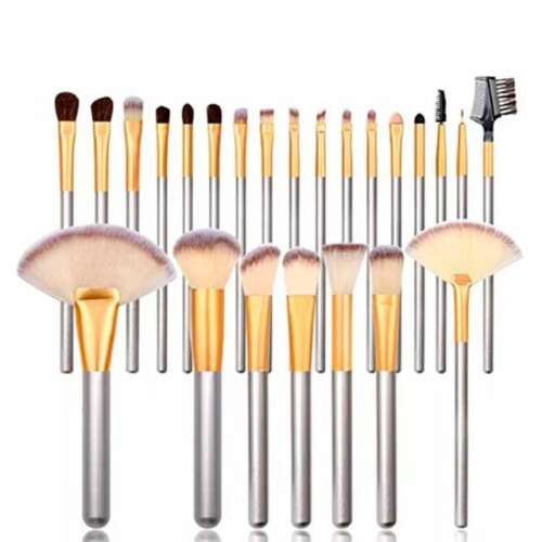 Set of 24 professional makeup brushes, synthetic hair, different shapes, with a storage pouch, ideal for both professionals and beginners, Silver/Gold.