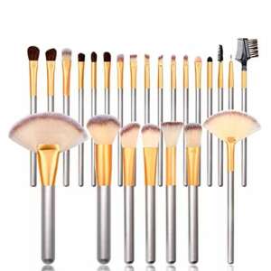 Set of 24 professional makeup brushes, synthetic hair, different shapes, with a storage pouch, ideal for both professionals and beginners, Silver/Gold.