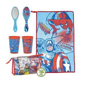Set de igienă Avengers cu design Captain America și Spiderman, include prosop, perie de păr, cană și geantă de toaletă - Rechizite pentru grădiniță