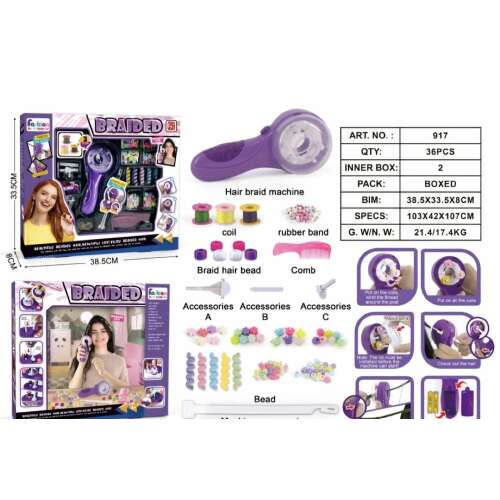 Fonott haj készítő játék szett, lila, tartalmaz hajfonó gépet, tekercseket, gumiszalagokat, gyöngyöket, fésűt és kiegészítőket