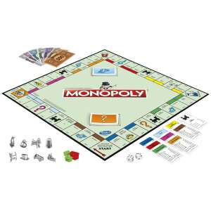 Monopoly társasjáték, a játéktábla, a játékelemek, a kártyák és a kockák láthatók - Hasbro