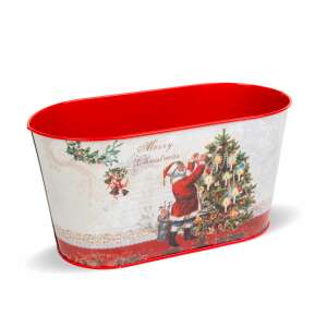 Bewello karácsonyi fém kosár Mikulás mintával, piros szegéllyel, ovális alakú, 23 x 11,5 x 11,5 cm - Bewello