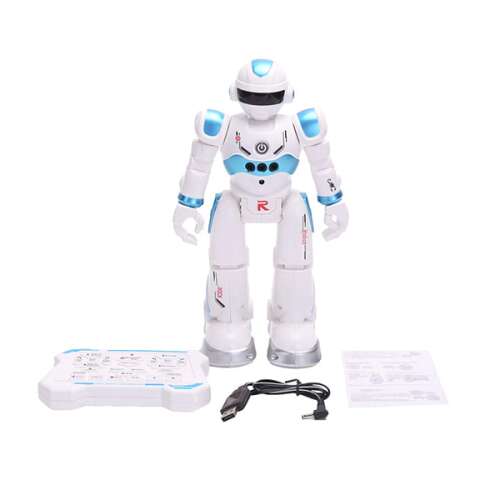 Intelligens programozható távirányítós robot, fehér és kék robot játék távirányítóval, táncol, énekel, mesél, tanul, akadályokat kerül, programozható, gesztusvezérlés