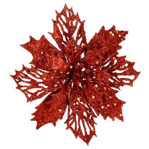 Red glitter poinsettia Christmas tree decoration, Springos brand, 16 cm - Decorative pick