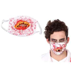 Véres fogak Halloween-Maske: Gruselige Halloween-Maske mit blutigen Zähnen und Blutspritzern, von einem Model getragen. - Kostüme für Erwachsene