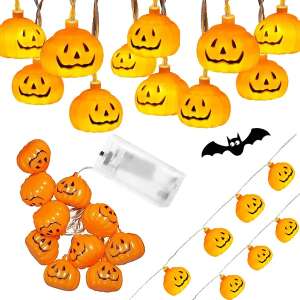 Luminițe cu dovleac pentru Halloween, 10 LED-uri, 200cm lungime, alimentate cu baterii, perfecte pentru decorarea interioarelor și exterioarelor - Decorațiuni de Halloween