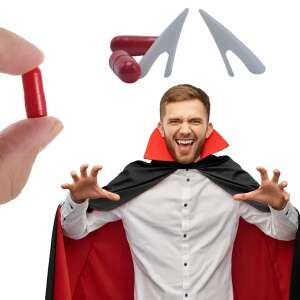 Vampir- und Werwolf-Halloween-Kostümset mit Fangzähnen und Kunstblut, zeigt einen Mann in einem Vampirkostüm, der Kunstblutkapseln hält - Kostüme für Erwachsene