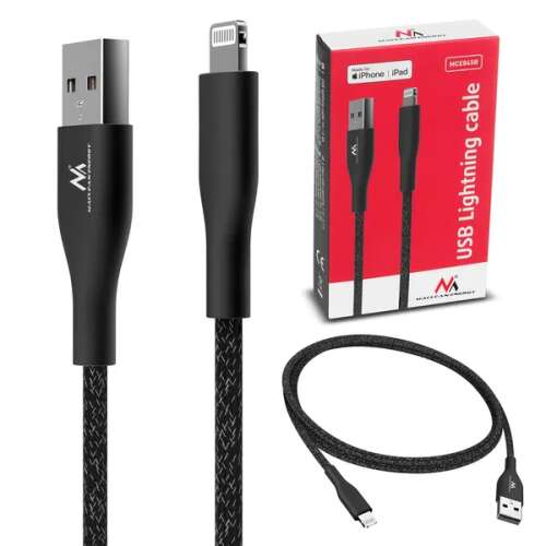 Maclean Energy MCE845B USB A - Lightning kábel, fekete, 1 méter, gyors töltés, MFi tanúsítvánnyal - Lightning kábel
