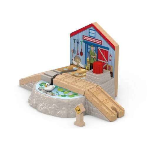 Thomas és barátai fa vasút Kacsaszökőkút kereszteződés játékkészlet, kacsaszökőkút, istálló, sín és mozgó kacsa a hordó megnyomásával - Fisher Price