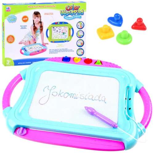 Color Word Pad Zeichenbrett für Kinder mit 4 Stempeln, blau und rosa, mit einem Kind, das darauf zeichnet, Verpackung im Hintergrund