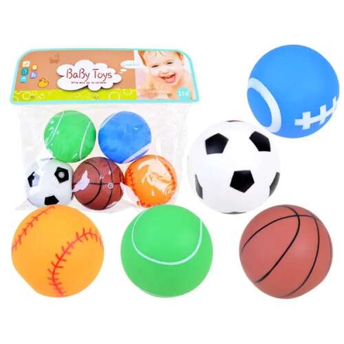 Sada 5 stlačiteľných gumových loptičiek pre bábätká, s rôznymi športovými dizajnmi, ako napríklad futbal, basketbal, baseball, tenis a americký futbal. Perfektné na kúpanie, hranie a učenie sa hádzať a chytať.