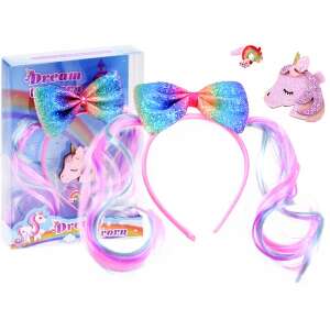 Bentiță cu unicorn cu arc cu sclipici curcubeu, două cozi de cal, clip cu unicorn și inel cu curcubeu pentru fete - Benzi pentru cap, eșarfe