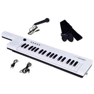 Biała elektroniczna klawiatura z mikrofonem, paskiem i kablami - Nonbrand Gra na instrumencie muzycznym