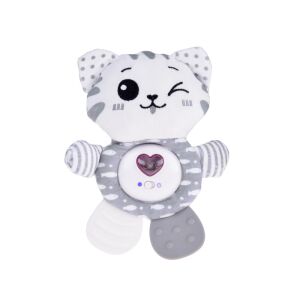 Interaktywna pluszowa szara zabawka dla kota z grzechotką i gryzakiem na białym tle. - Interaktywny pluszak