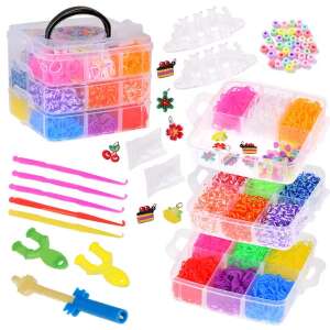 Set de brățări din elastic loom band cu 4500 benzi elastice colorate, cârlige, război de țesut și mărgele - Ramiz
