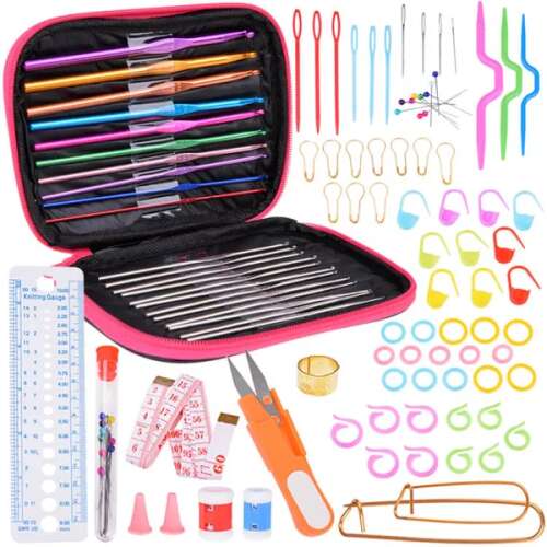 Häkelnadel-Set mit 22 Häkelnadeln, 0,6-6,5 mm, und Zubehör in einer rosa Hülle