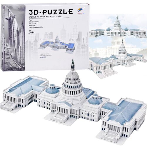 3D puzzle Capitol Hill, 132-dielna modelová súprava s krabicou a zostaveným pohľadom