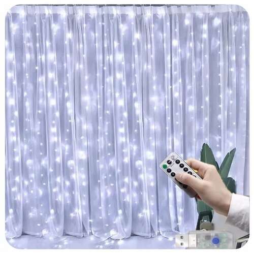 200 LED-es USB-s beltéri fényfüggöny, 8 világítási móddal, távirányítóval, 2x2m, hideg fehér, IP65, HT