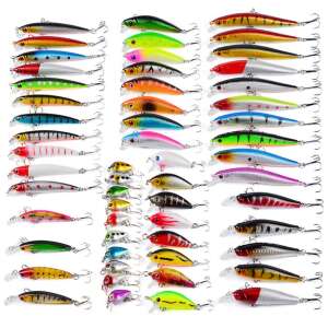 56-Piece Plastic Lure Set, Assorted Materials & Storage Organizer, Ideal for Trout, Perch, Salmon, Pike, Carp Fishing