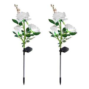 Set of 2 LED Solar Rose-Shaped Outdoor Lamps for Garden, Yard, Lawn, Waterproof, White