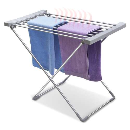 Timeless Tools electric clothes dryer with 8 drying rods, showing towels drying on the dryer