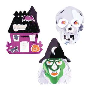 Dekorácie na Halloween Widmann, sada 3 lesklých dekorácií, obsahuje strašidelný dom, lebku a čarodejnicu, ideálne na halloweensku párty - Halloween dekorácie