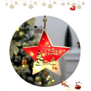 Red and white star shaped Christmas light with Merry Christmas text and winter scene, battery operated, 11x12cm - Christmas tree ornament