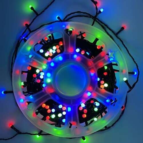 50m LED fényfüzér, többszínű, meleg fehér, hideg fehér, kék, fekete kábel, 240 LED, 8 fényhatás