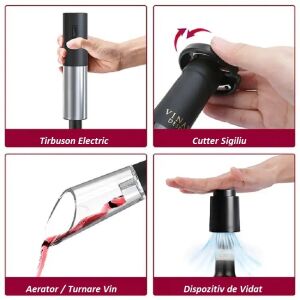 Elegant Electric Wine Opener Set with foil cutter, aerator, and vacuum stopper in use - Wine Opener & Corkscrew