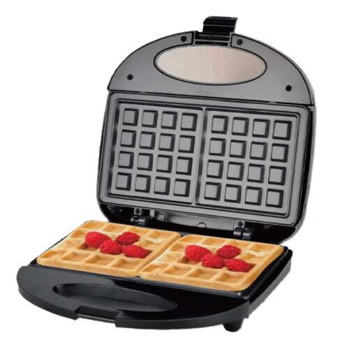 Fekete gofrisütő két gofrival, melyekre málna van