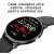 Black smart watch with round screen showing time, date, heart rate, and steps