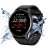 Black smart watch with round screen showing time, date, heart rate, and steps, with water splashes around it