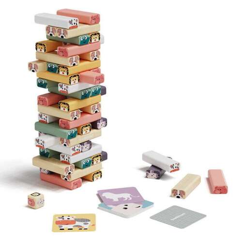 Turnuletul Instabil - Provocarea Animalutelor wooden stacking game for kids, featuring animal faces on each block