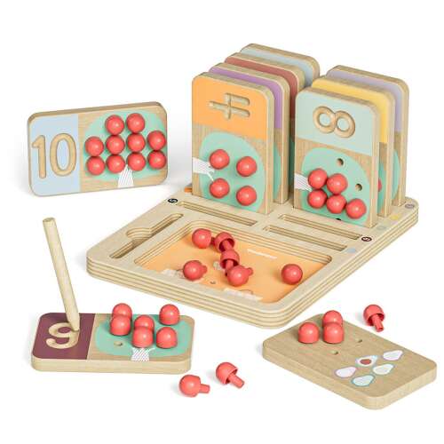 Wooden fruit tree counting game for kids, learn numbers 1 to 10, with apples, a tray, and a pencil