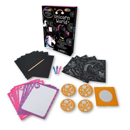 Unicorn World Scratch & Spiral Art Kit contents: scratch paper, stencils, gel pens, and more