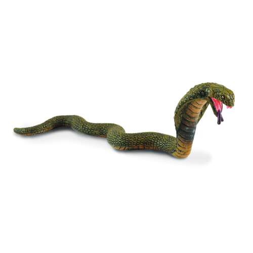Hand painted King Cobra figure, realistic snake toy, green and brown, 15.5 cm long