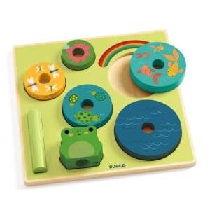 Djeco Puzz & Stack wooden stacking and puzzle toy for toddlers, featuring a frog, colorful rings, and a rainbow - Djeco Puzzle