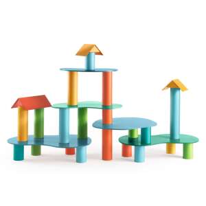 Tubulo building toy by Djeco, showing a small village built with the pieces - Developmental Toy for Preschooler