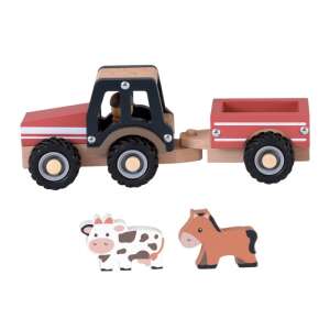 Egmont Toys wooden tractor with trailer and farm animals, red tractor with black details, wooden trailer, cow and horse figures - Work machine for children