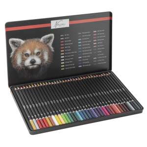 Set de 36 creioane colorate Nassau Fine Art într-o cutie metalică, cu o ilustrație cu un panda roșu pe capac - Creioane colorate