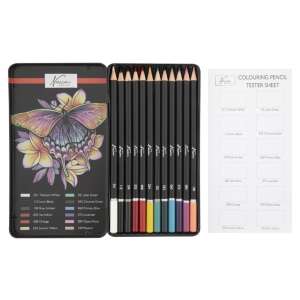 Set de 12 creioane colorate Nassau Fine Art într-o cutie metalică, cu o diagramă de culori - Creioane colorate