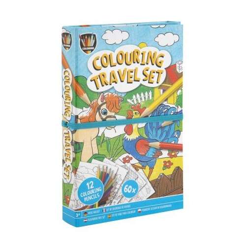 Grafix Colouring Travel Set with 2 colouring books and 12 colouring pencils, featuring farm animals